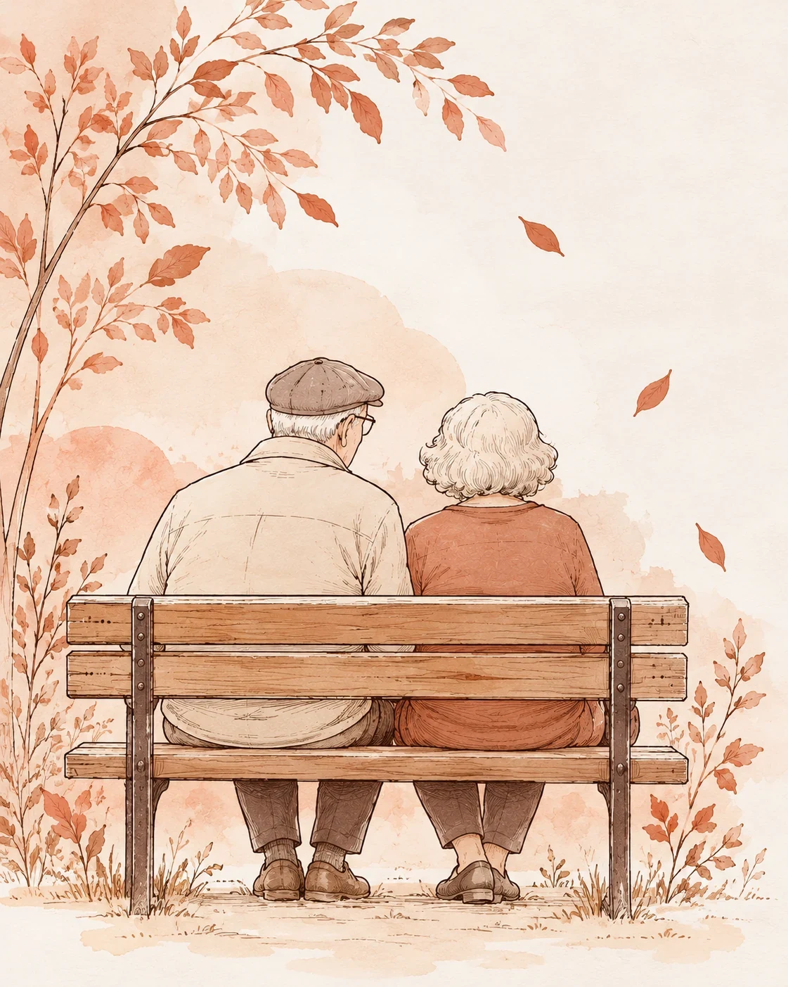 Ilustración de una pareja de adultos mayores sentada en un banco