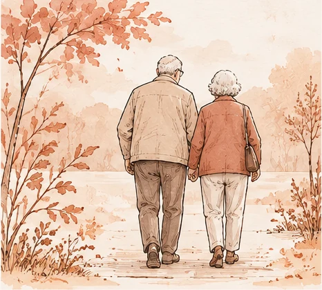 Ilustración de adultos mayores caminando