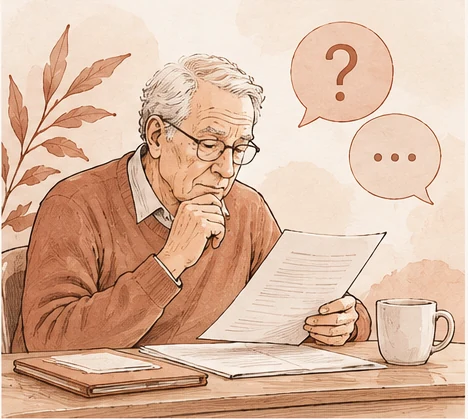 Ilustración de un adulto mayor leyendo documentación